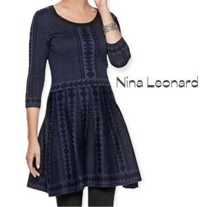Nordstrom Nina Leonard Black Blue Cottage Feminine Sweater Dress NWOT Size M